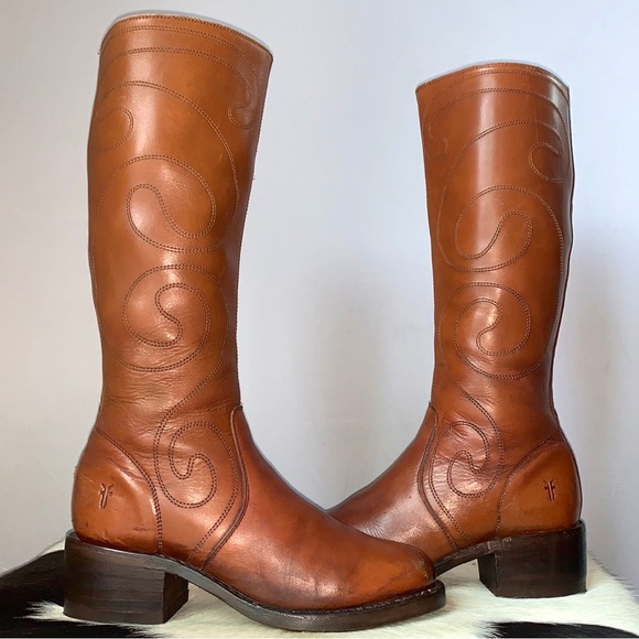 Sold Frye Campus Vintage Y2K Boots Retro Swirl Tall Knee High Chunky Brown Zip - Picture 4 of 11